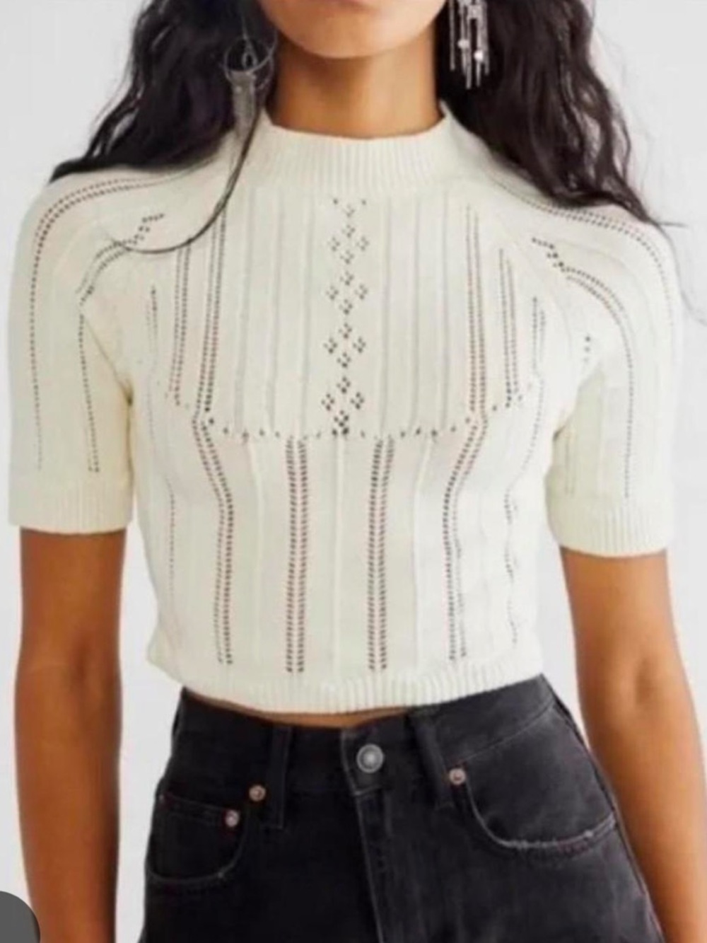 Free People Cream Pointelle Cropped Knit Top